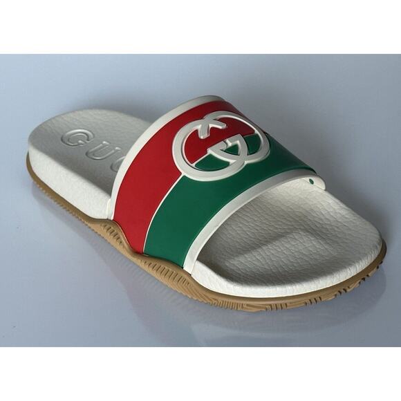 Gucci Mens Rubber GG Interlock White/Red/Green Sandals 5.5 US 5 Gucci 655265 NIB - Picture 1 of 12